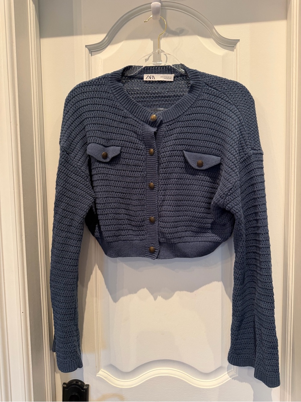 ZARA Navy Cropped Button-Front Knit Cardigan